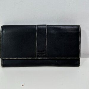 Coach Wallet Hamilton Signature Black Leather Continental Trifold Checkbook